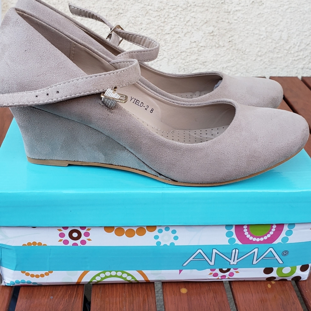 Taupe buckle wedges